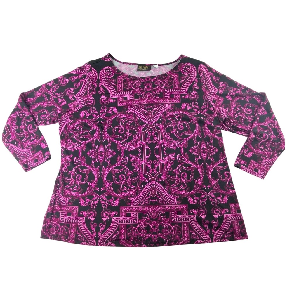 Bob Mackie Wearable Art Pink Black Baroque Scroll Print Top 2X Womens